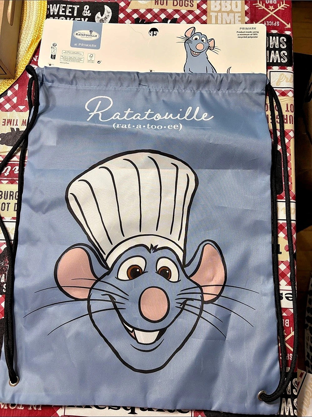 Disney Pixar remy Ratatouille Drawstring Bag Blue & White Like New